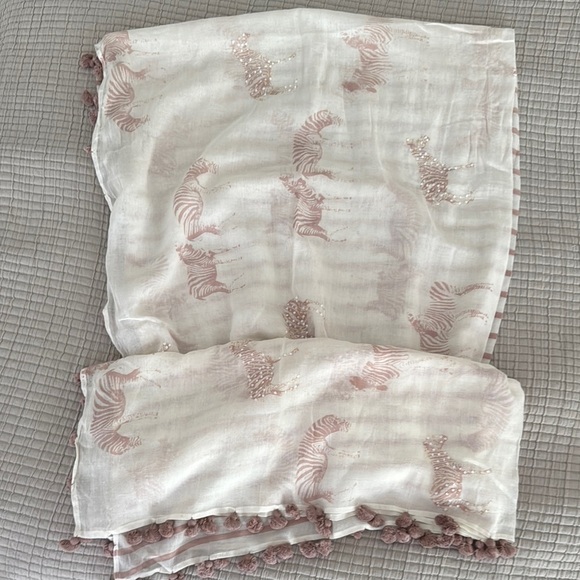 Chic Cream and Pink Zebra Oversized Scarf with Pom Poms and Bling - Picture 3 of 9